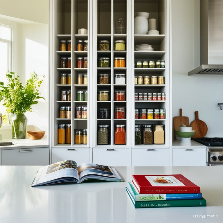 A bright, modern kitchen with sleek vertical shelf dividers organizing an array of colorful spices, jars, and cookbooks, showcasing a harmonious blend of functionality and aesthetic appeal, with soft natural light illuminating the scene.