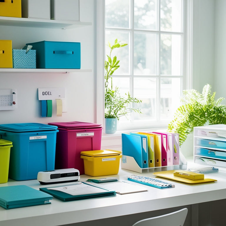 A bright, organized workspace featuring an array of decluttering tools: colorful storage bins, label makers, a sleek filing system, and minimalist shelves, all bathed in natural light, conveying a sense of tranquility and order.