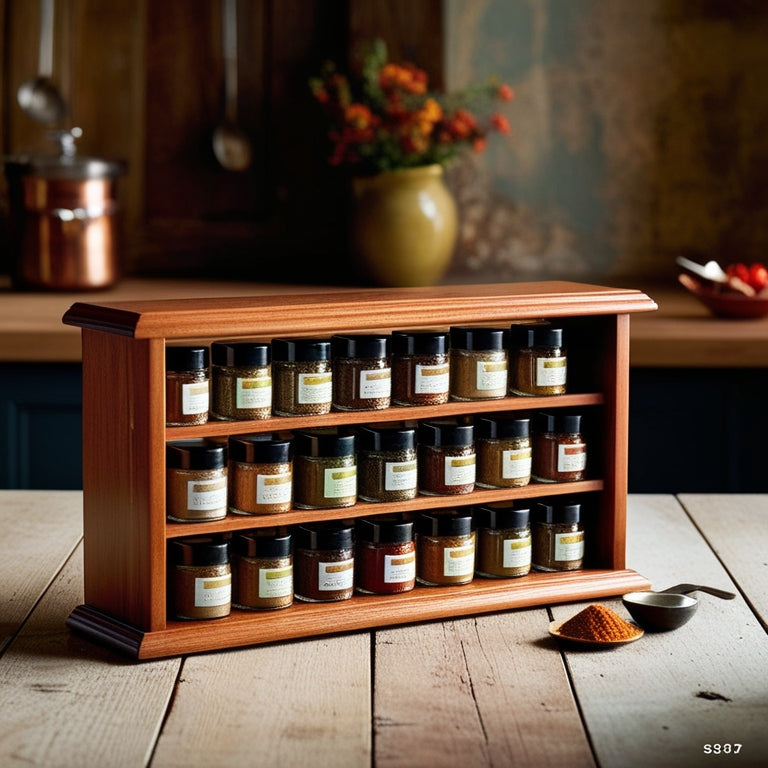 A charming wooden spice rack, brimming with tiny, colorful glass jars filled with vibrant spices. The scene is set against a rustic kitchen backdrop, with soft, warm lighting highlighting the rich textures and colors.