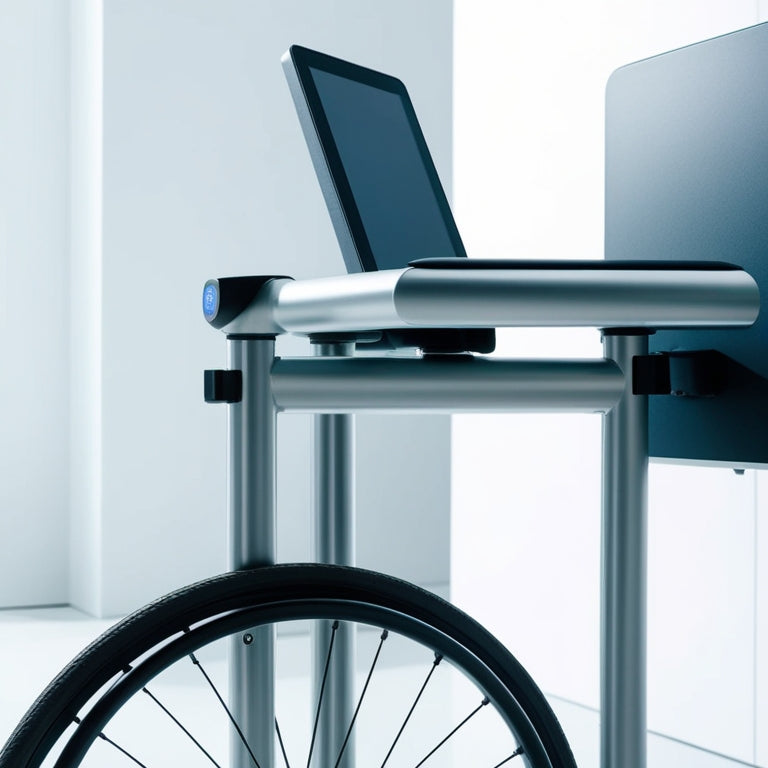 A close-up of a sleek, modern wheelchair height counter, featuring a digital display, adjustable armrests, and a sturdy frame, set against a bright, minimalist background, showcasing the innovative design for accessibility.