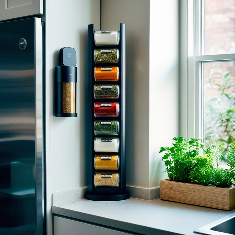 A compact kitchen corner showcasing a sleek, vertical spice rack filled with colorful jars, herbs, and spices. A small magnetic spice container attached to the fridge, alongside a cozy herb garden on the windowsill.