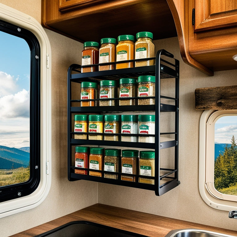 A compact, organized spice rack mounted inside a cozy RV kitchen, featuring colorful spice jars, a rustic wooden shelf, and a view of a scenic landscape through a nearby window.