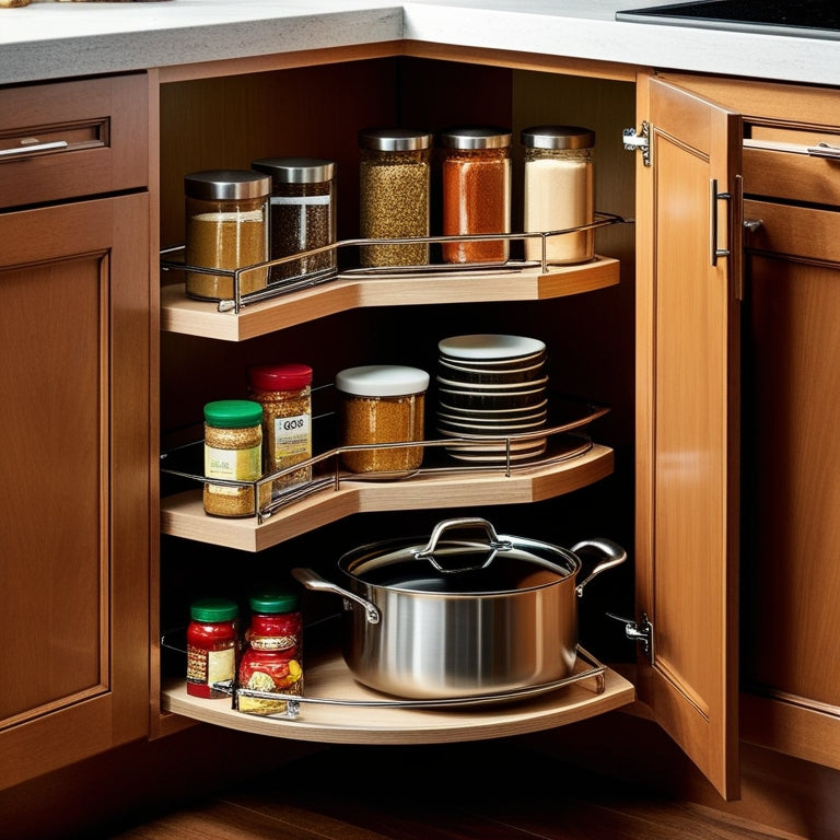 A corner kitchen cupboard showcasing innovative storage solutions: sleek pull-out shelves, glass jars filled with spices, stacked pots, and a lazy Susan filled with condiments, all surrounded by warm, inviting wood tones and soft lighting.