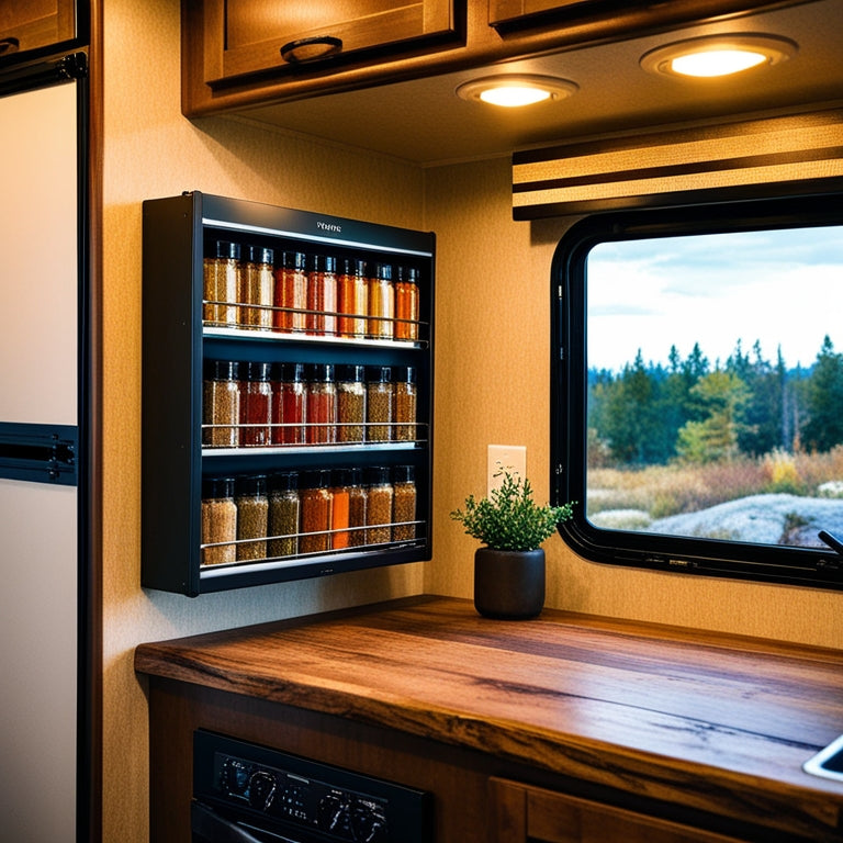 A cozy RV kitchen featuring a sleek, wall-mounted spice organizer filled with colorful spice jars, a rustic wooden countertop, a warm light illuminating the space, and a scenic window view of nature outside.