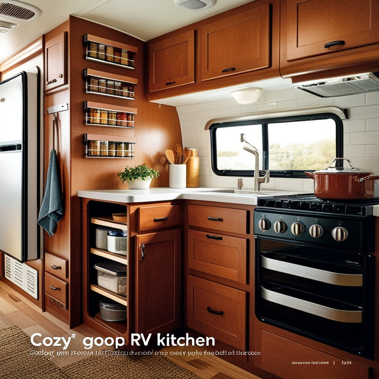 A cozy RV kitchen featuring clever storage solutions: sleek pull-out drawers, magnetic spice racks on the walls, stacked pots and pans, a compact pantry with clear containers, and hanging utensils. Warm, inviting colors.