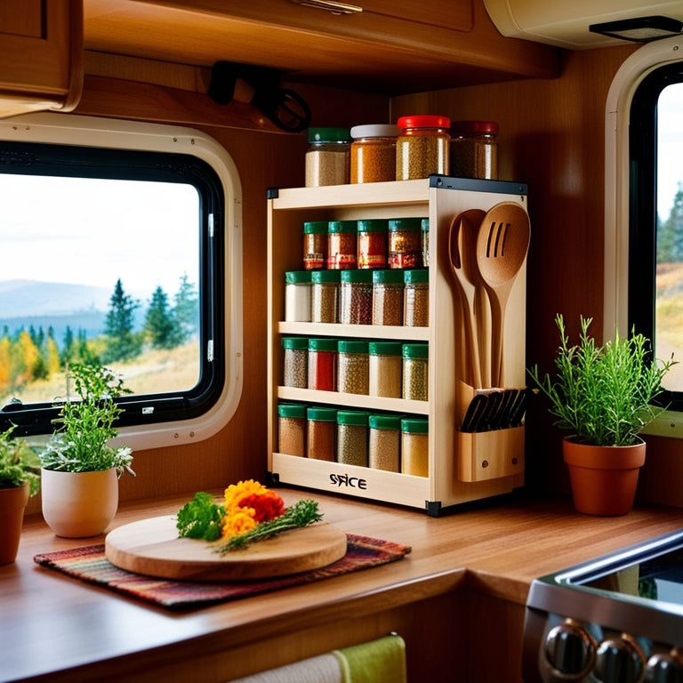 A cozy RV kitchen interior featuring a compact spice rack filled with colorful spice jars, vibrant herbs, and wooden utensils, surrounded by warm lighting, small potted plants, and a picturesque window view of nature outside.