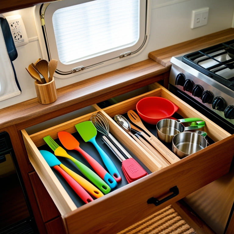 A cozy RV kitchen showcasing neatly organized utensil storage: a wooden drawer filled with colorful silicone spatulas, stainless steel measuring cups, and bamboo utensils, accented by soft natural light streaming through a small window.