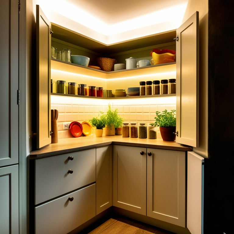 A cozy corner kitchen featuring a stylish, modern cupboard with open shelves filled with colorful dishware, jars of spices, and potted herbs, illuminated by soft, warm lighting, creating an inviting, organized space.