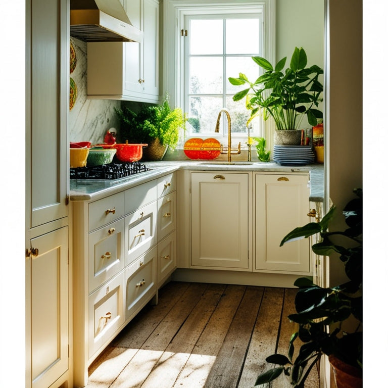 A cozy corner kitchen featuring elegant white cabinetry, a gleaming marble countertop, colorful ceramic dishes, and lush green plants. Sunlight streams through a window, illuminating the rustic wooden floor and inviting atmosphere.