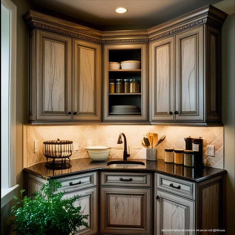 A cozy corner kitchen featuring elegantly designed cabinets with intricate wood grain, filled with organized dishware and spices, complemented by soft ambient lighting and a touch of greenery from a nearby potted herb plant.