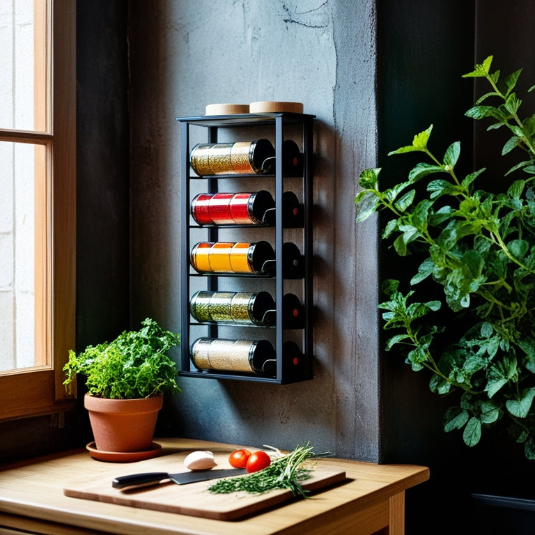 A cozy kitchen corner featuring a compact spice rack with colorful jars, mounted on a rustic wall. A potted herb plant nearby, and a small wooden table with a cutting board and fresh ingredients.