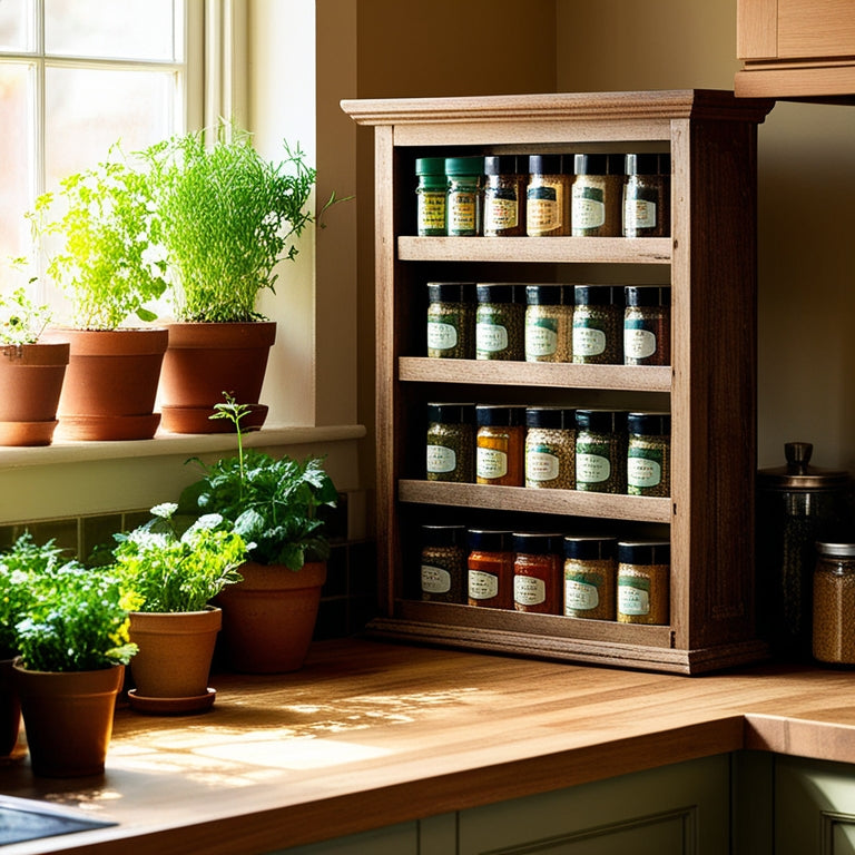 A cozy kitchen corner featuring a rustic wooden spice rack, filled with colorful glass jars of spices, herbs, and labels, surrounded by potted herbs, warm sunlight streaming through a nearby window, and a wooden countertop.