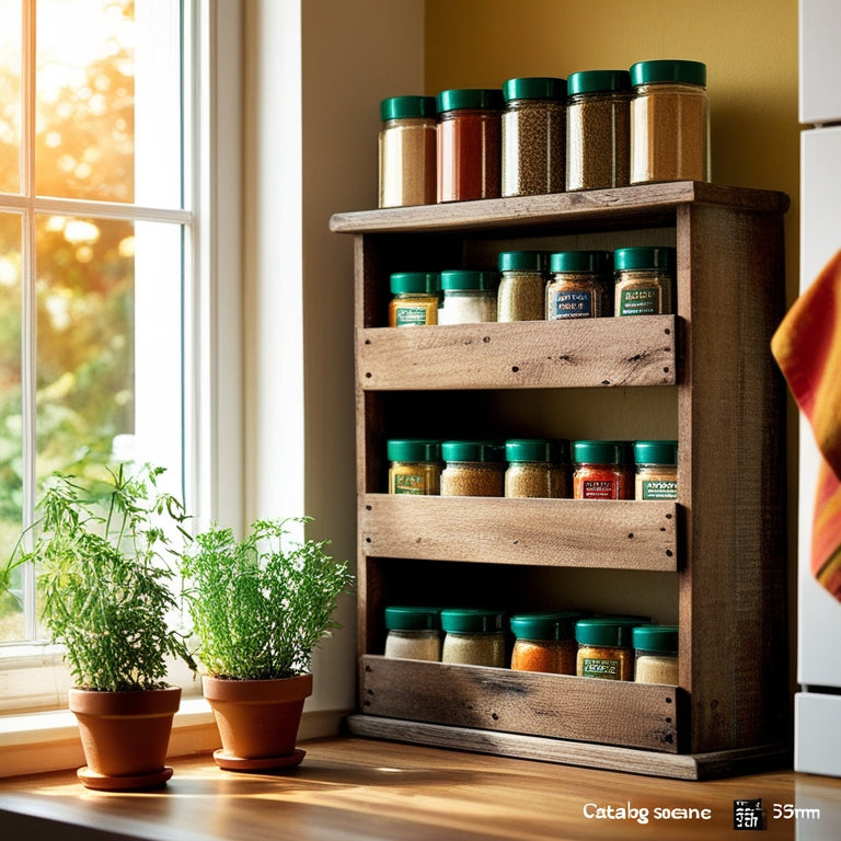 A cozy kitchen corner featuring a rustic wooden spice rack shelf, filled with colorful glass jars of spices, fresh herbs in small pots, and a warm, inviting sunlight streaming through a nearby window.