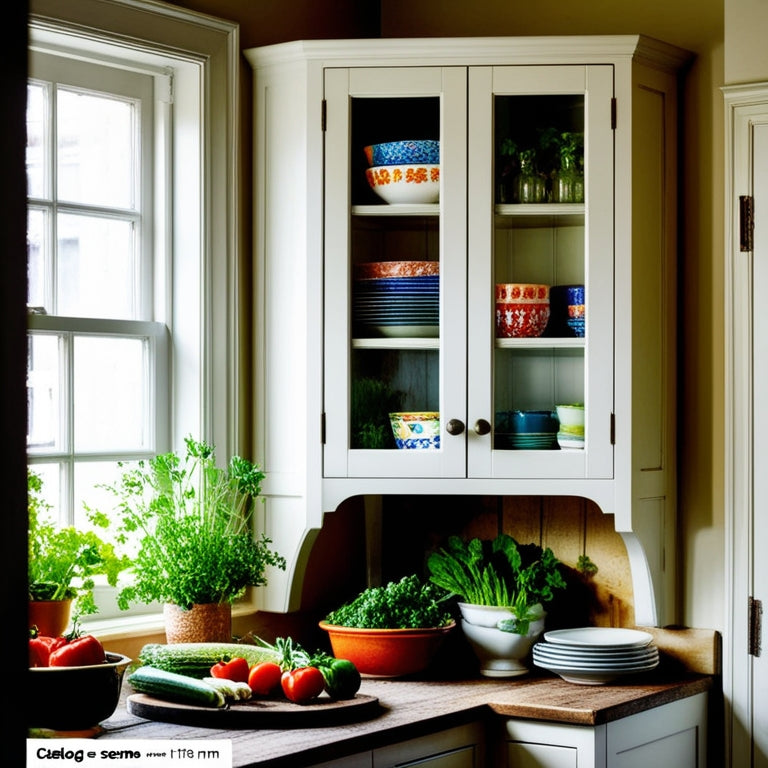 A cozy kitchen corner featuring a stylish, white cabinet with glass doors, filled with colorful dishware and herbs. Soft natural light filters through a nearby window, illuminating a rustic wooden countertop adorned with fresh vegetables.