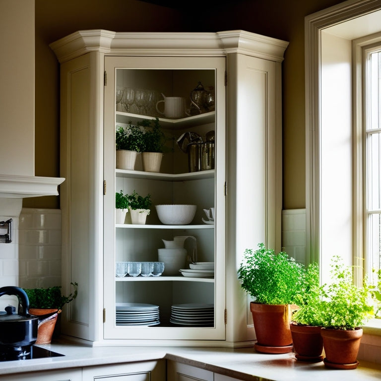 A cozy kitchen featuring a sleek, white corner cabinet with intricate woodwork, showcasing neatly organized dishes and vibrant potted herbs, bathed in warm natural light from a nearby window.