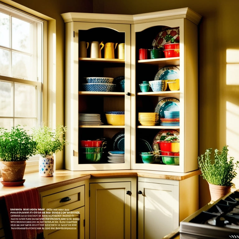 A cozy kitchen featuring a stylish corner cabinet, filled with neatly organized dishes and colorful cookware, bathed in warm sunlight, surrounded by potted herbs and a small, decorative vase.