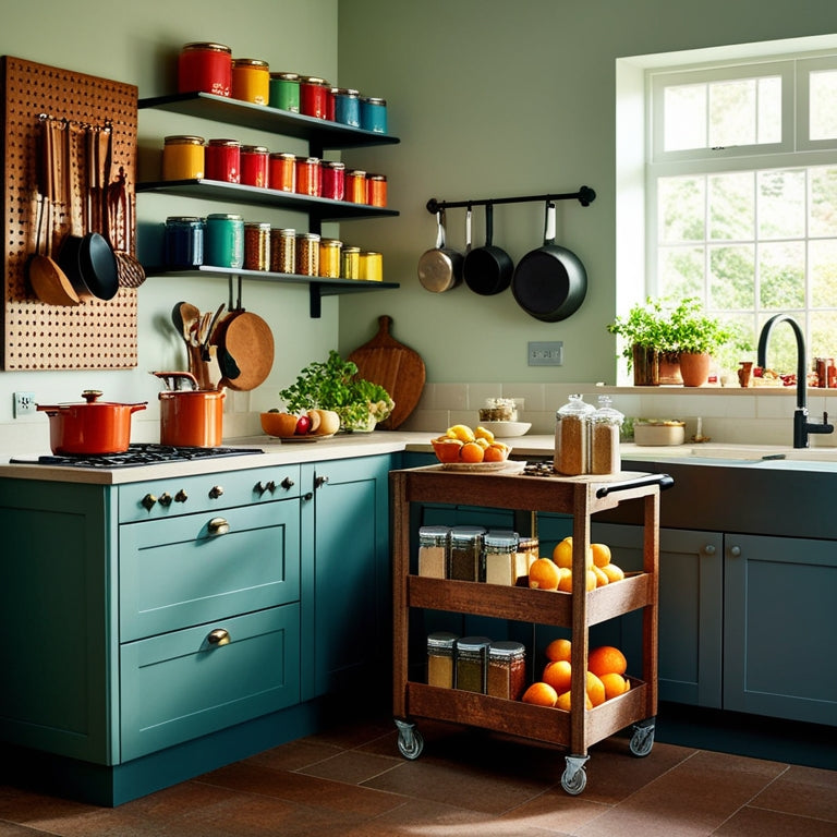 A cozy kitchen featuring open shelves filled with colorful jars, a pegboard with hanging pots and utensils, a rustic wooden cart stacked with fruits, and neatly organized spice containers on a countertop.