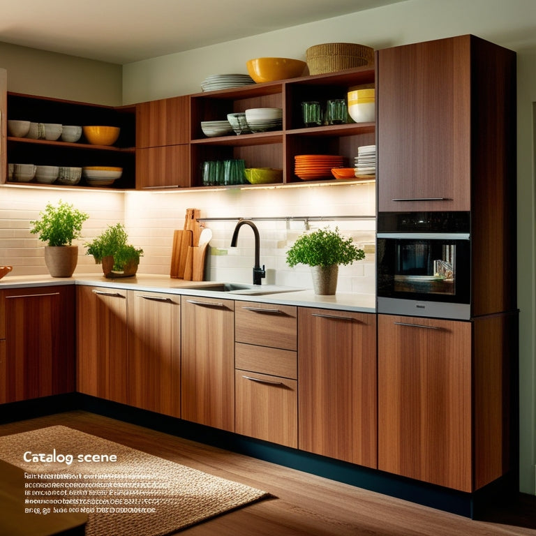 A cozy kitchen featuring sleek, modern storage cabinets in warm wood tones, organized shelves with colorful dishware, a stylish countertop with potted herbs, and soft ambient lighting creating a welcoming atmosphere.