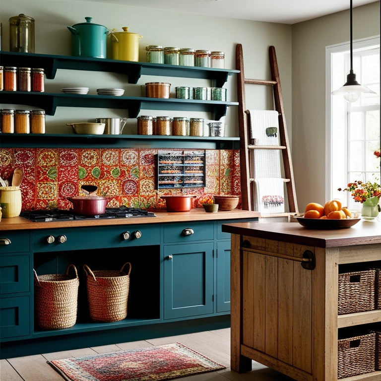 A cozy kitchen featuring unique storage solutions: open shelving with colorful jars, a vintage ladder repurposed for pots, magnetic spice racks on a vibrant backsplash, and decorative baskets under a rustic wooden island.