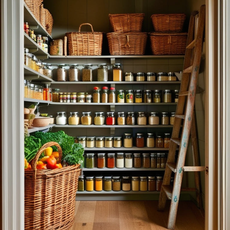 A cozy kitchen pantry filled with neatly organized jars, vibrant spices, and wooden shelves stacked with colorful produce. Soft, warm lighting illuminates the space, highlighting rustic baskets and a charming, vintage ladder.