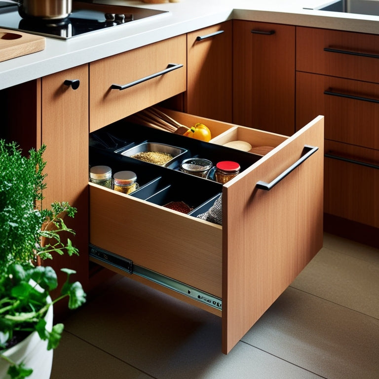 A cozy kitchen scene featuring sleek under-cabinet storage solutions, showcasing pull-out drawers filled with spices and utensils, minimalist design, warm wood tones, soft ambient lighting, and a hint of greenery from potted herbs.