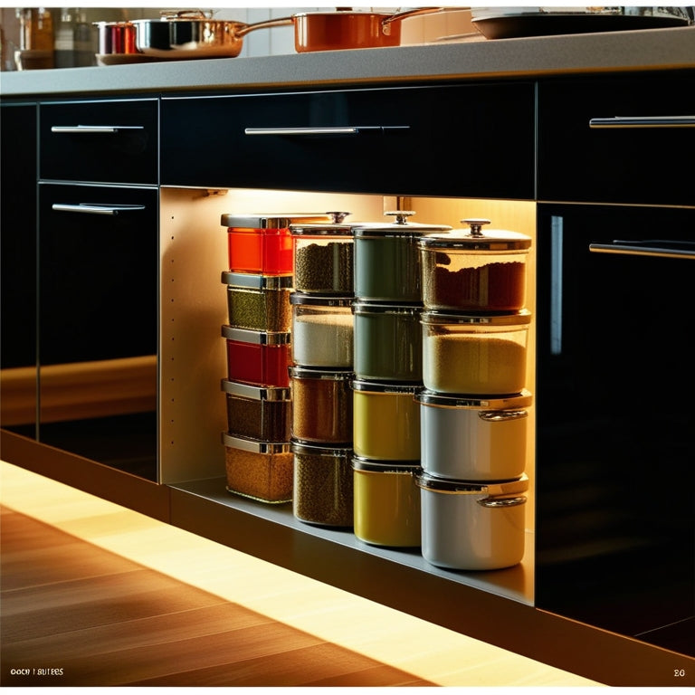 A cozy kitchen scene featuring sleek under-counter cabinets, organized with colorful storage bins, glass jars filled with spices, and neatly stacked pots, illuminated by warm, ambient lighting, creating a welcoming atmosphere.