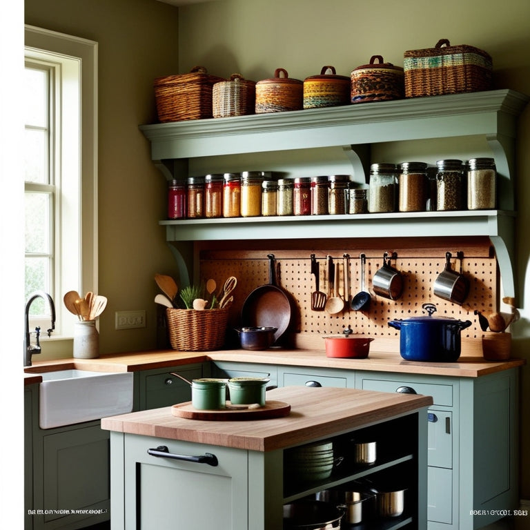 A cozy kitchen with elegant wooden shelves filled with colorful jars, stylish baskets, and neatly arranged spice containers. A rustic pegboard displays utensils, while a charming island features open storage for pots and pans.