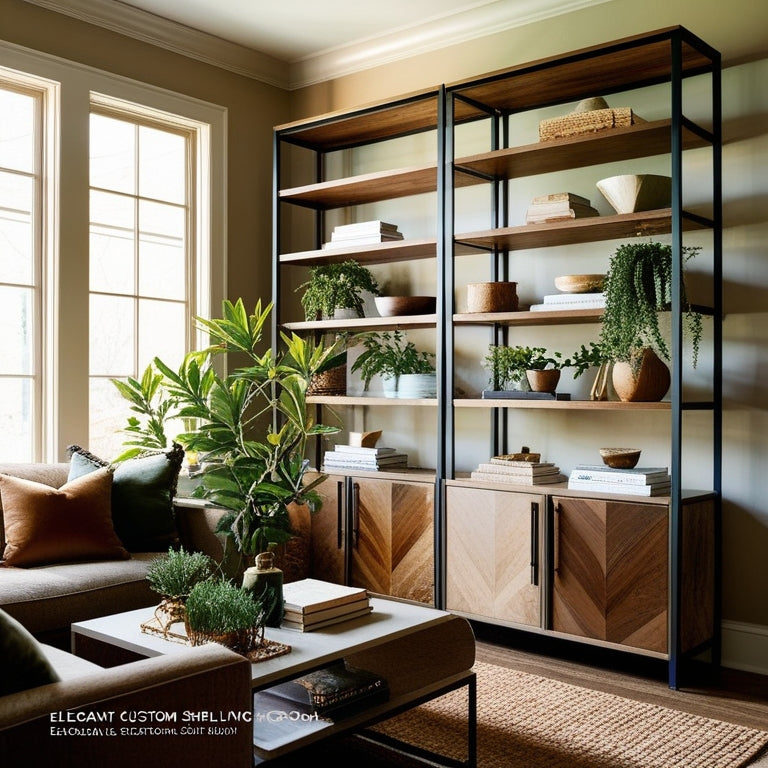 A cozy living room featuring elegant custom shelving, showcasing a blend of wood and metal materials, adorned with plants, books, and decorative objects, bathed in warm, natural light streaming through a large window.