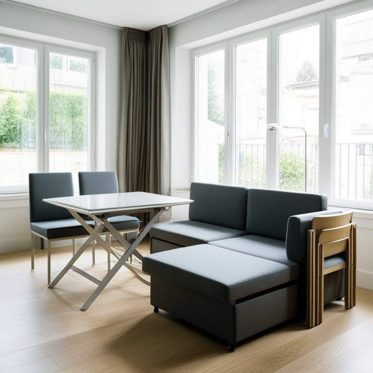 A cozy, modern living room featuring a sleek, foldable dining table, a compact sofa that transforms into a bed, and stackable chairs, all surrounded by bright natural light streaming through large windows.