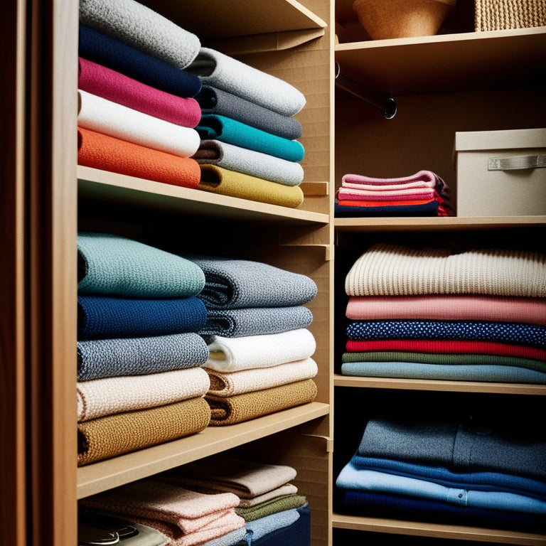 A cozy, organized closet featuring multiple cardboard shelf dividers, neatly separating colorful stacks of folded clothes and accessories, with soft natural light filtering through, casting gentle shadows on the textured surfaces.