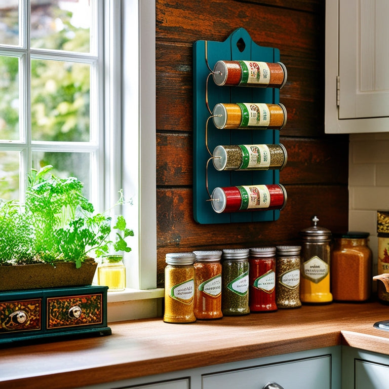 A cozy small kitchen featuring a magnetic spice rack on a rustic wooden wall, vibrant spice jars in various shapes, a compact herb garden on the windowsill, and a charming vintage spice drawer.