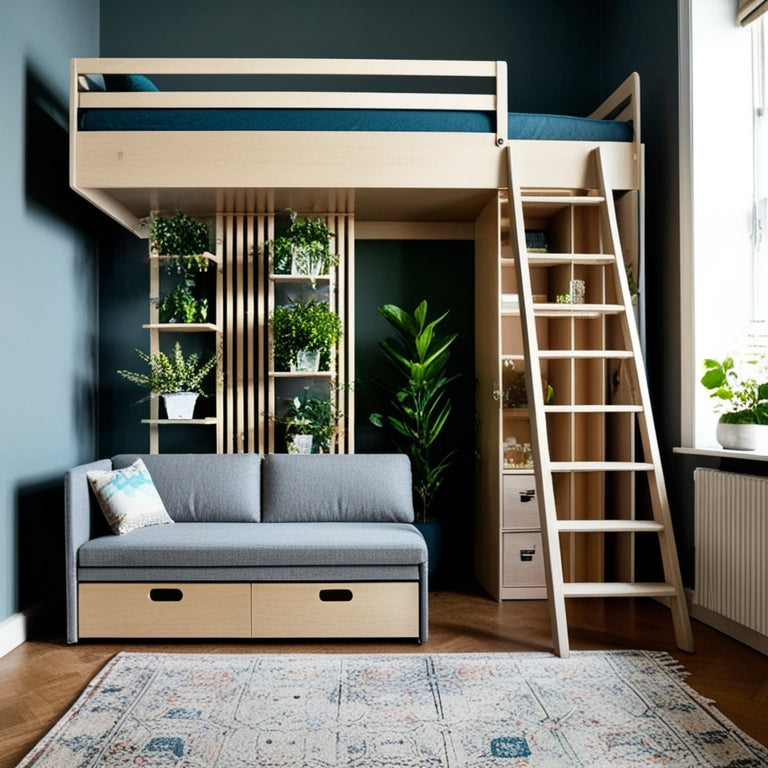 A cozy studio apartment featuring innovative storage solutions: a multifunctional sofa with hidden compartments, vertical shelving adorned with plants, under-bed drawers, and a stylish ladder leading to a lofted sleeping area.