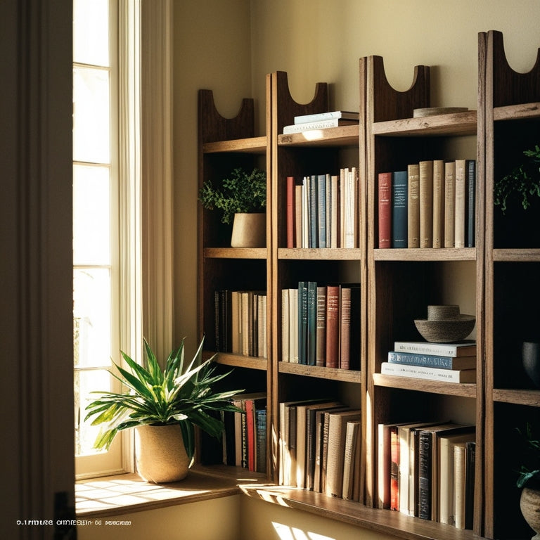 A cozy, sunlit room featuring a rustic wooden shelf with elegant dividers, showcasing neatly arranged books and decorative plants. Soft shadows highlight the grain of the wood, creating a warm, inviting atmosphere.