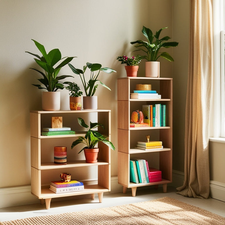 A cozy, sunlit room showcasing a modern, minimalist stack of small wooden shelves, adorned with vibrant potted plants, colorful books, and decorative trinkets, set against a soft, neutral wall.