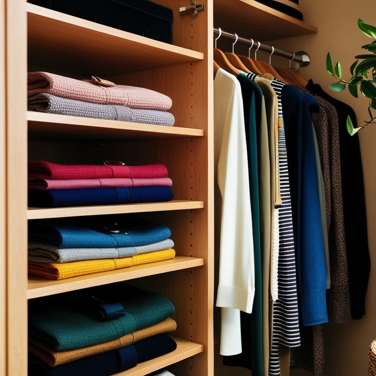 A cozy, well-organized closet with wooden shelf dividers, neatly separating colorful folded clothes and accessories. Soft lighting highlights the textures, while a few decorative plants add a touch of freshness to the scene.