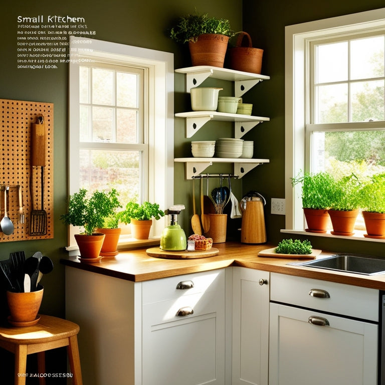 A cozy, well-organized small kitchen featuring space-saving shelves, hanging pots, a compact dining nook, vibrant potted herbs on the windowsill, and a stylish pegboard for utensils, all bathed in warm, natural light.