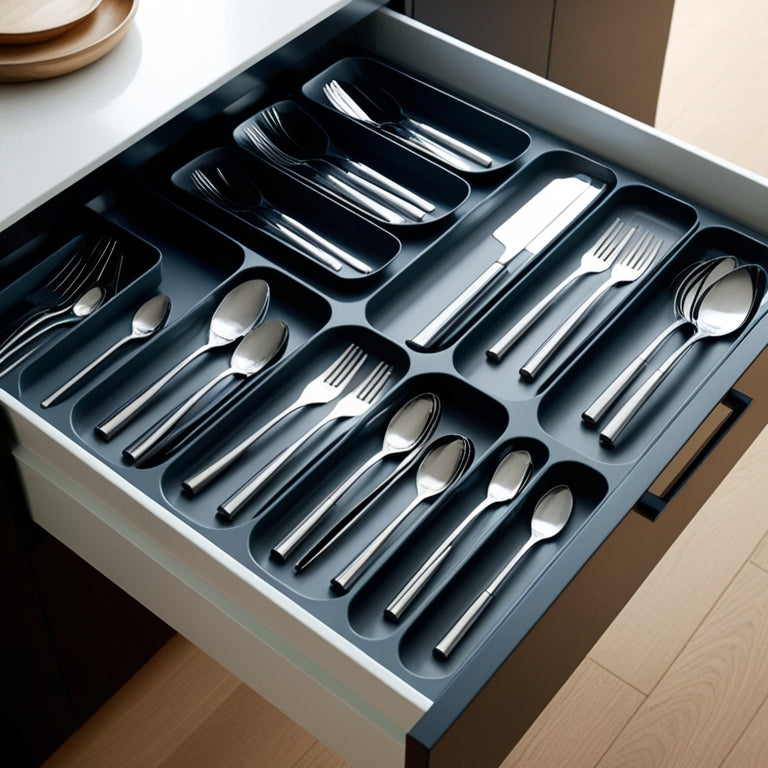 A modern kitchen drawer filled with sleek, organized cutlery trays, showcasing various utensils neatly arranged by size and type, with a minimalist aesthetic and soft natural lighting illuminating the polished surfaces.