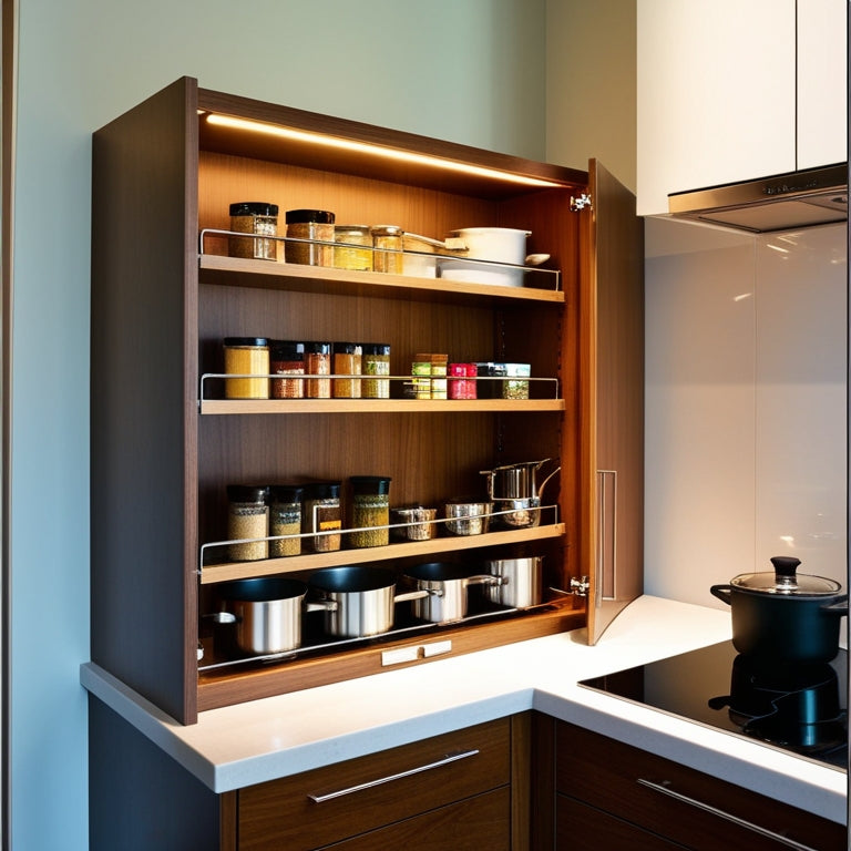 A modern kitchen featuring a sleek blind corner cabinet with pull-out shelves, organized spices, and pots. Soft ambient lighting highlights the cabinet's rich wood finish against a bright backsplash and contrasting countertops.