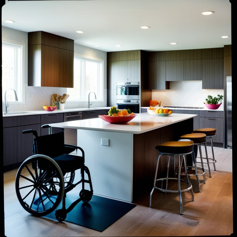 A modern kitchen featuring a spacious, wheelchair accessible island with a lowered countertop, sleek cabinetry, open space for maneuvering, vibrant fruit bowls, and stylish bar stools with armrests, all bathed in natural light.