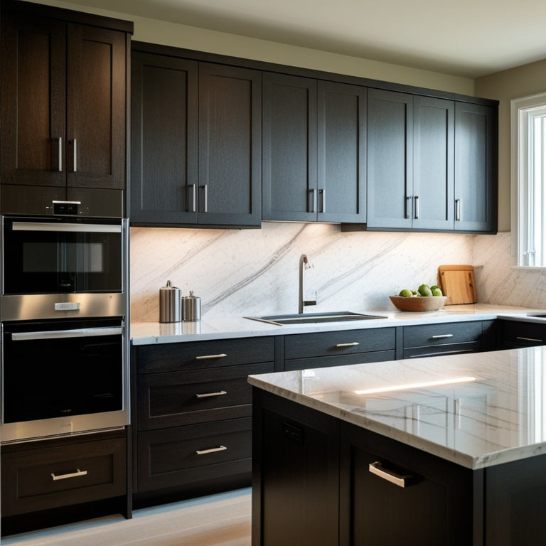 A modern kitchen featuring sleek, dark wood base cabinets with minimalist handles, a marble countertop, and stainless steel appliances. Soft, ambient lighting highlights the clean lines and organized shelving.