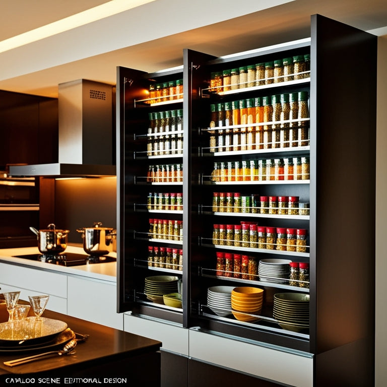 A modern kitchen scene showcasing sleek, organized cabinet racks filled with vibrant spices, neatly arranged dishes, and elegant glassware, illuminated by warm lighting, enhancing the inviting atmosphere and showcasing functional design.