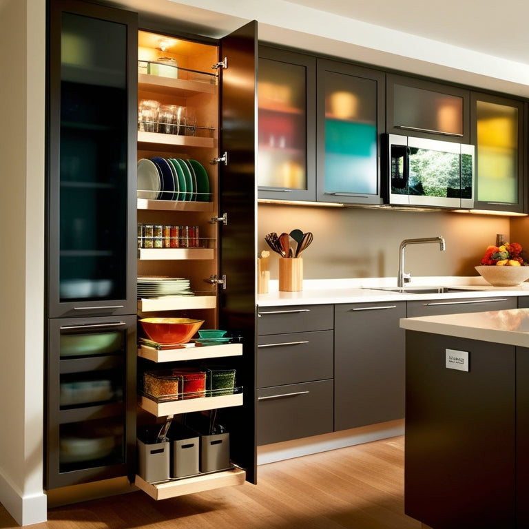 A modern kitchen showcasing sleek, organized cabinets with pull-out shelves, glass-front doors displaying colorful dishware, a spice rack, and cleverly integrated bins for utensils, all bathed in warm, inviting light.