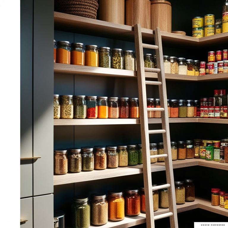 A modern, organized pantry featuring sleek wooden shelving filled with colorful jars, neatly stacked canned goods, and vibrant spices. Soft natural light filters in, illuminating a rustic ladder leaning against the shelves.