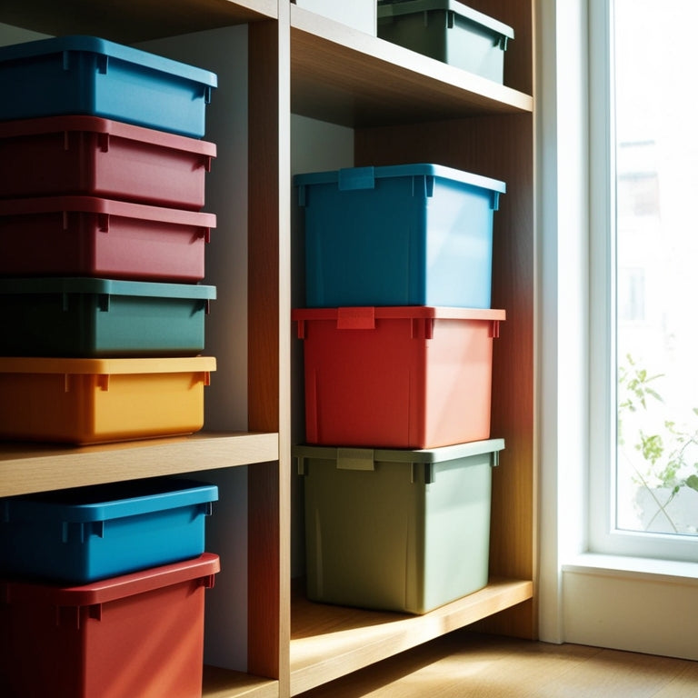 A modern, organized space featuring colorful stackable storage bins in various sizes, neatly arranged on wooden shelves. Soft natural light filters through a nearby window, casting gentle shadows, highlighting the bins' textures.