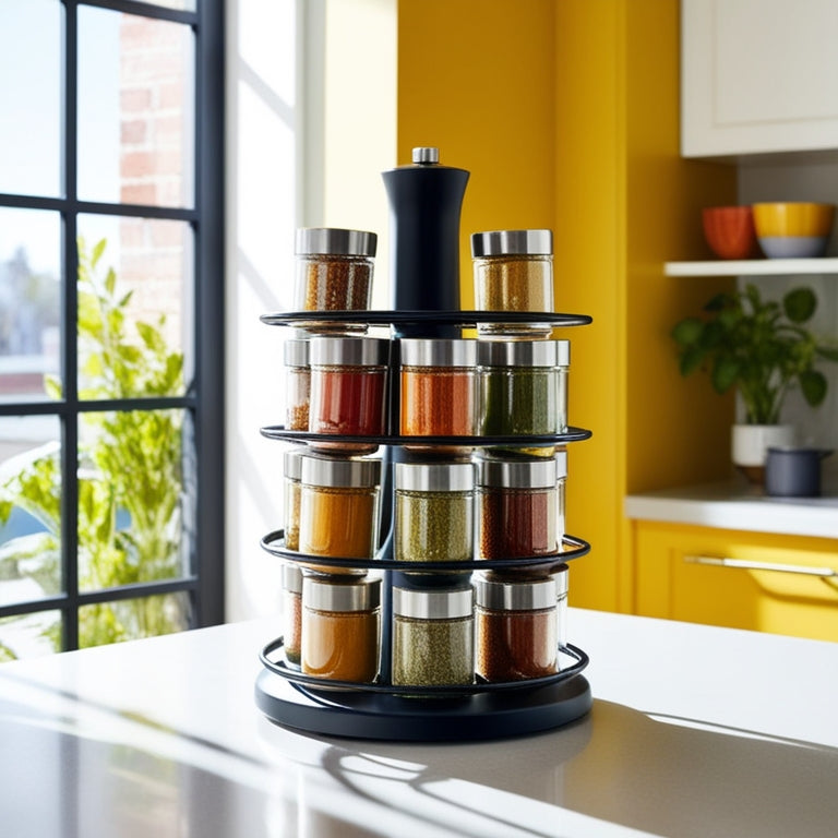 A modern, sleek spice rack with vibrant glass jars, showcasing colorful spices like turmeric, paprika, and basil, elegantly spinning against a bright kitchen backdrop with sunlight filtering through a nearby window.