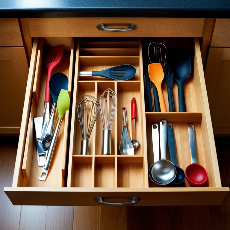 A neatly organized kitchen drawer featuring bamboo dividers, various utensils like spatulas, whisks, and measuring spoons, all arranged by size and color, with a soft, warm kitchen light illuminating the scene.