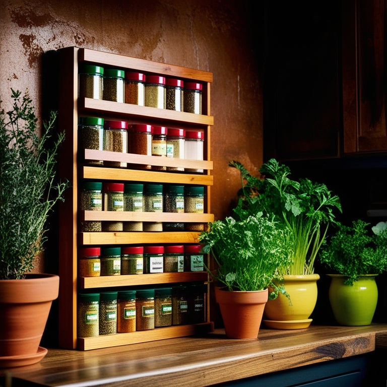 A rustic kitchen wall adorned with a wooden spice rack, filled with colorful glass jars of various spices, herbs, and labels, alongside vibrant green potted herbs, under warm, ambient lighting.