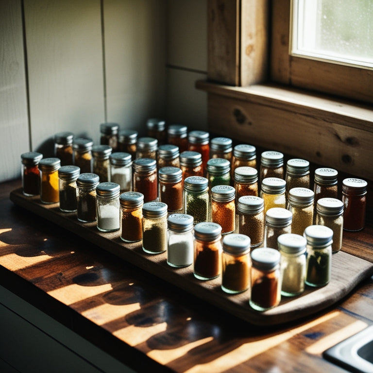 A rustic wooden kitchen countertop adorned with an array of colorful tiny spice jars, each filled with vibrant spices. Soft sunlight filters through a nearby window, casting gentle shadows and highlighting the textures.