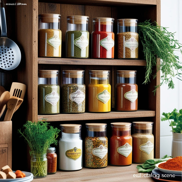 A rustic wooden kitchen shelf adorned with various spice storage containers, showcasing glass jars with cork lids, vibrant spices in rich colors, and decorative labels, surrounded by fresh herbs and cooking utensils.