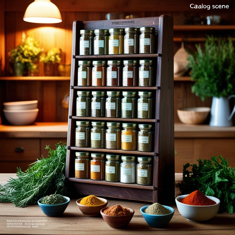 A rustic wooden spice rack filled with colorful, labeled glass jars, surrounded by fresh herbs, vibrant spices in small bowls, and a cozy kitchen backdrop featuring warm lighting and wooden shelves.